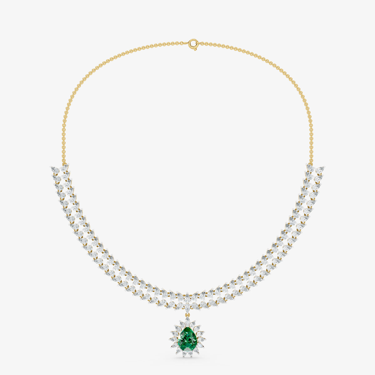Sovereign Two-Row Pear Diamond Collar with Royal Emerald Halo