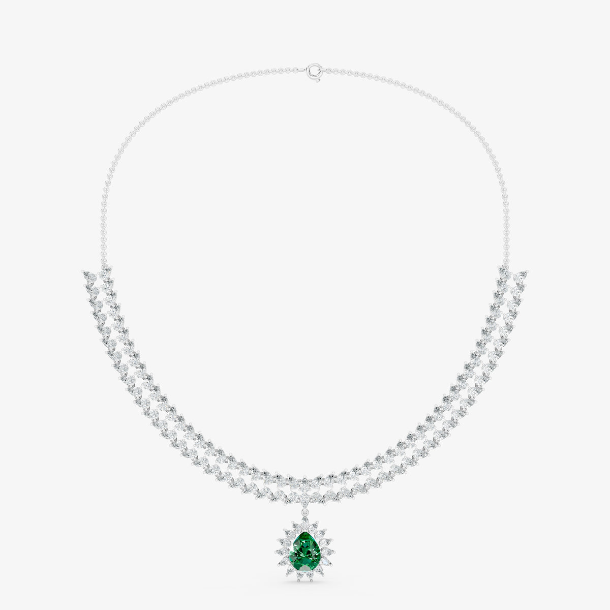 Sovereign Two-Row Pear Diamond Collar with Royal Emerald Halo