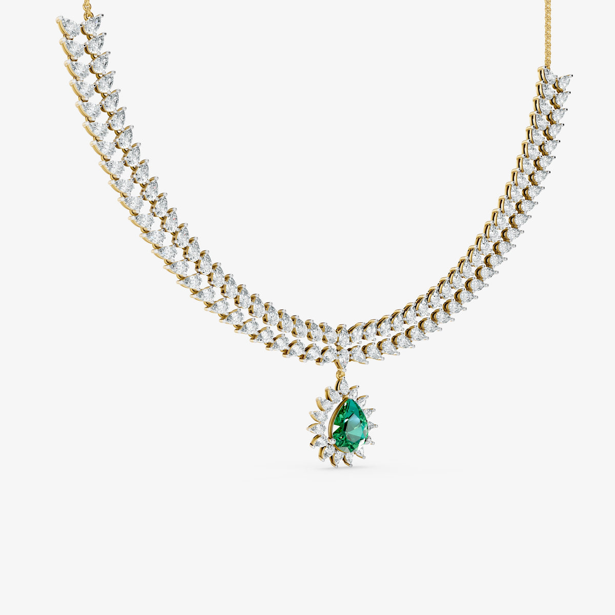 Sovereign Two-Row Pear Diamond Collar with Royal Emerald Halo