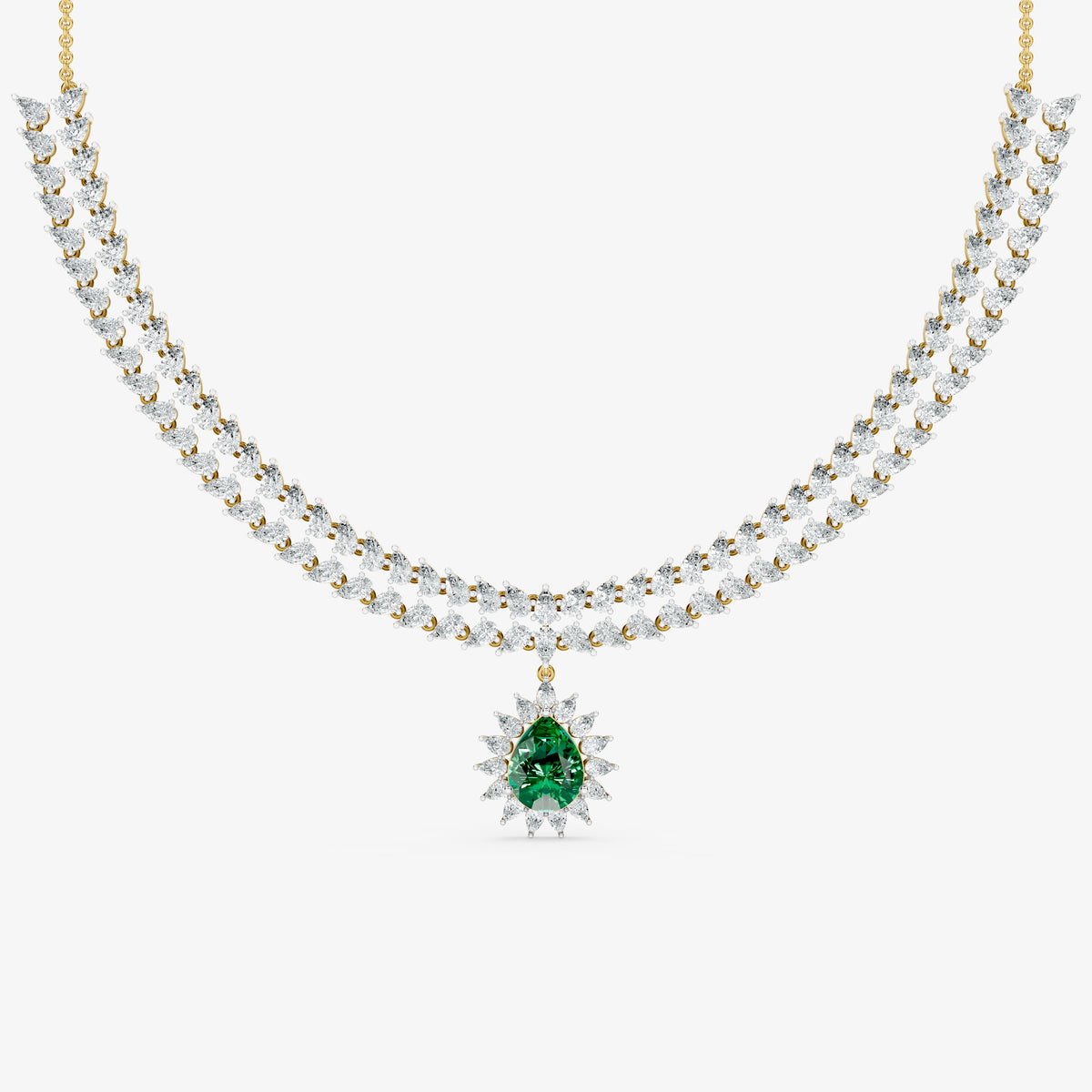 Sovereign Two-Row Pear Diamond Collar with Royal Emerald Halo