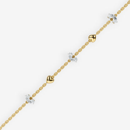 Pear Cut Diamond & Gold Heart Station Bracelet